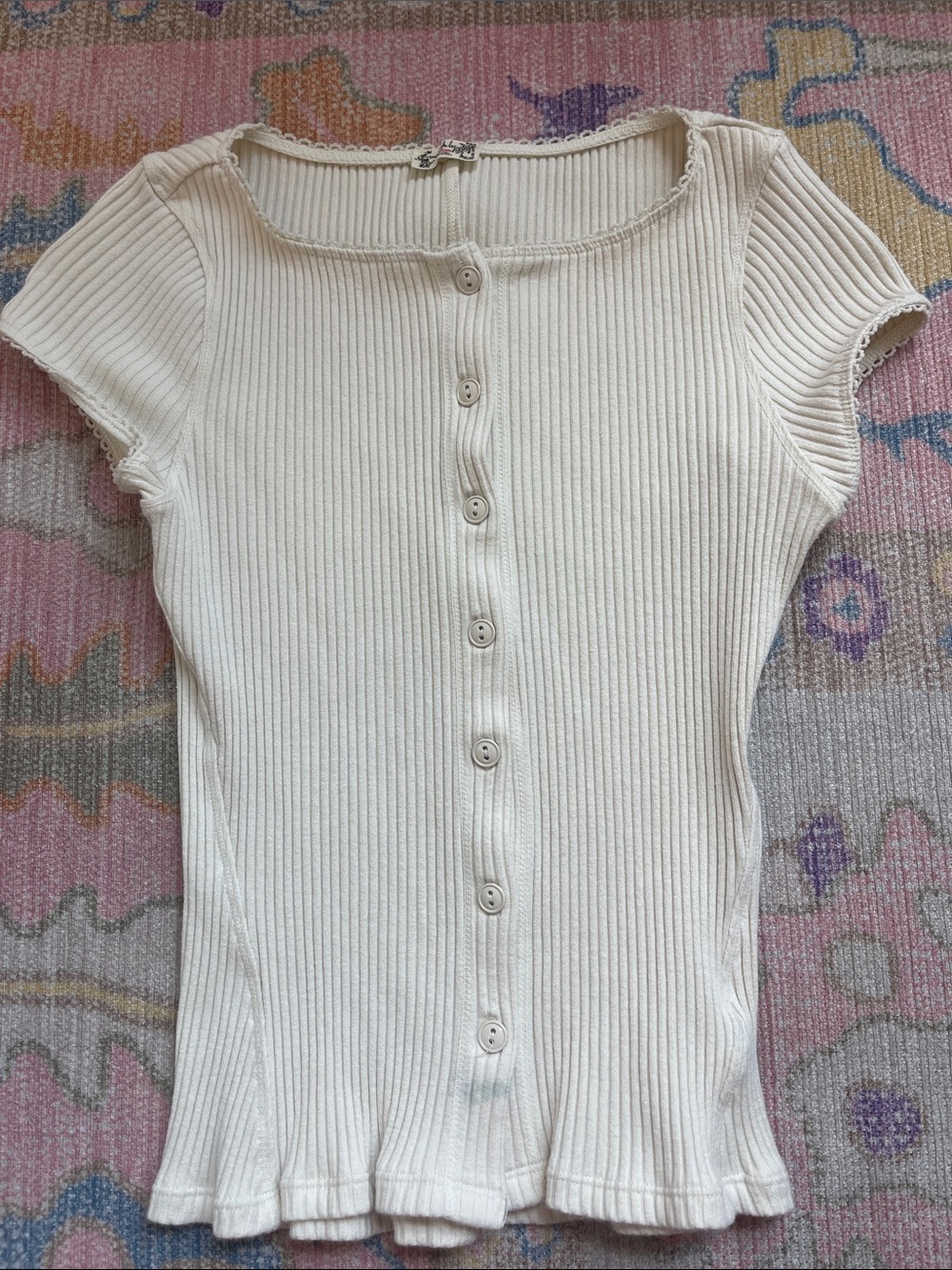 Free People Women's Ribbed Button-Front Short Sleeve Top - Cream
